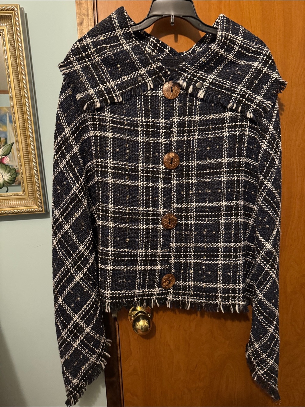 Navy Plaid Tweed Poncho